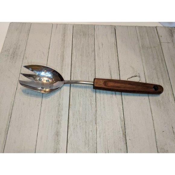 Stainless Steel Slotted Spoon Fork Spork 10 1/2" Wood Handle Salad Drains - Picture 1 of 6